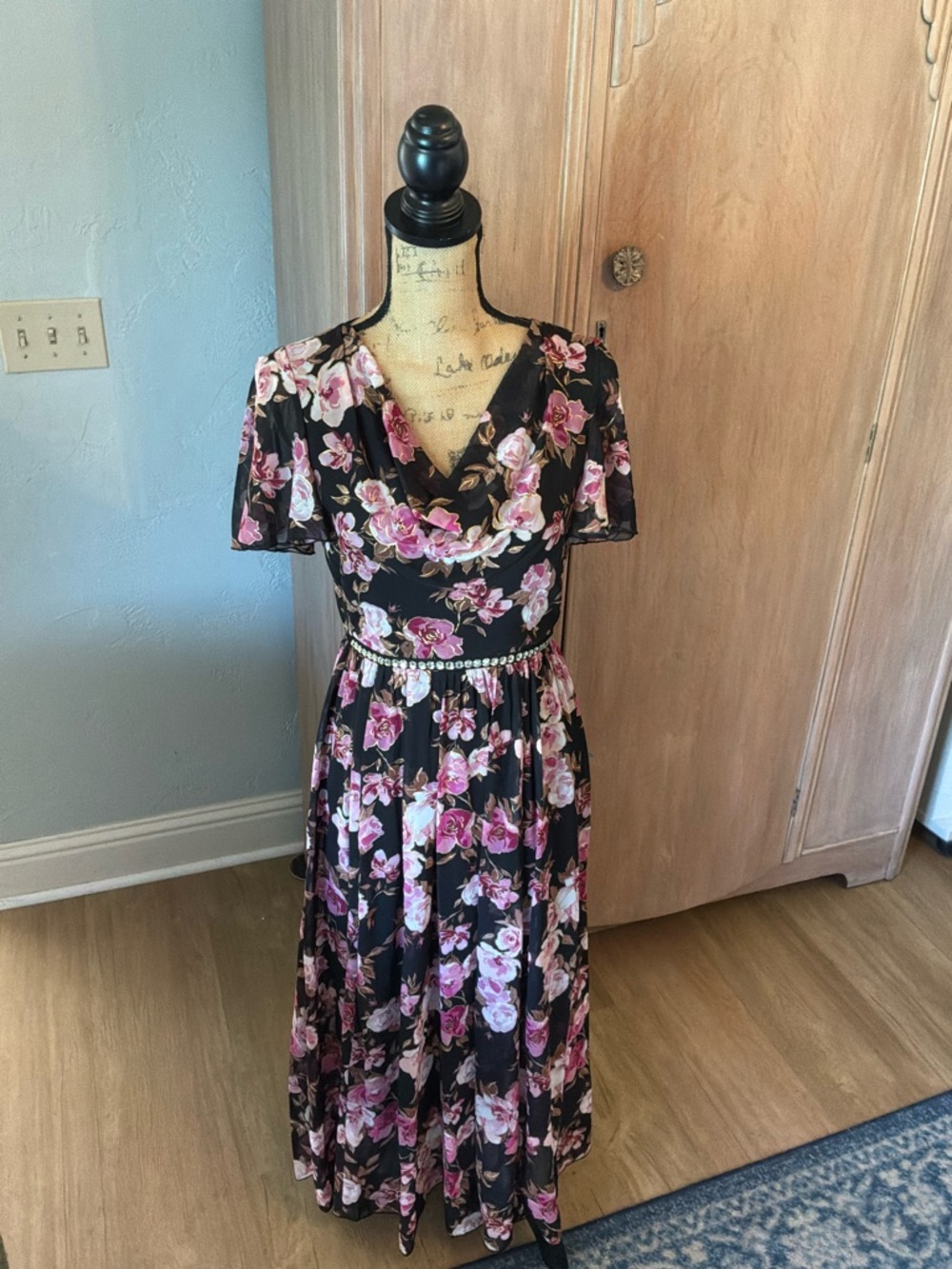 Alexa B Nites Petite Floral Chiffon Dress gown split sleeve cowl neck jewel belt